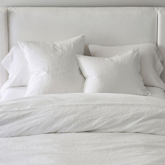 Belgian Flax Linen Fringed Border Stitch Duvet, White/White Border, Full/Queen
