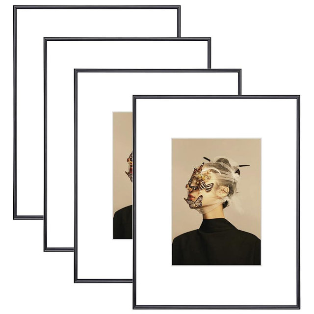Fkvat 9x12 Picture Frame Set of 4, Matted Black Simple Modern Brushed Thin Aluminum Metal Photo Frame Fits 6x8 with Mat or 9 x 12 without Mat Vertical and Horizontal for Tabletop and Wall Mounting