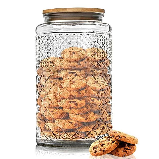 1 Gallon Cookie Jar, Wide Mouth Large Glass Jars with Bamboo Lid, Airtight Storage Food Kitchen Counter Containers for Candy, Flour, Oats, Coffee Bean, Pet Treats, Snacks, Decorative Pantry Laundry Storage Jar
