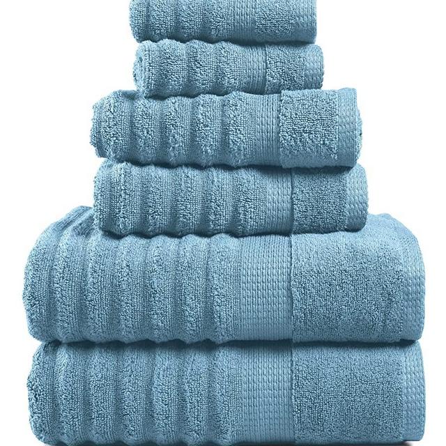Ribbed Bath Towels - 100% Cotton Bathroom Towels Set, Zero Twist, Soft Towel Set, Quick Dry, Luxury Towels for Bathroom, 2 Bath Towels, 2 Hand Towels, 2 Wash Cloths - Blue (6 Piece Set)