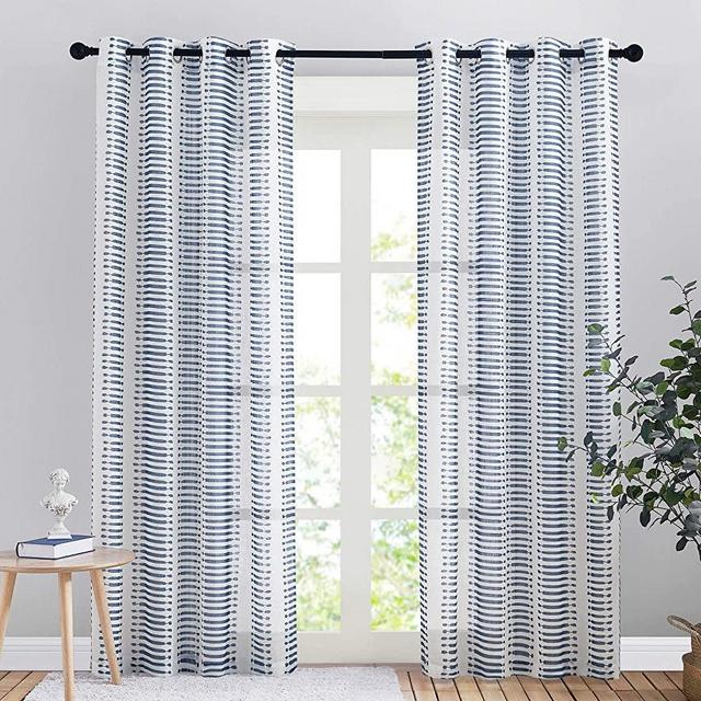 PONY DANCE Navy Blue Sheer Curtains - Semi Sheers Voile Window Curtains Natural Decor Faux Linen Textured with Slub Striped Pattern for Patio Living Room, 50 Wide x 84 Long, 2 PCs