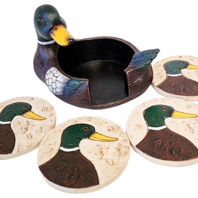 The Bridge Collection 4" Mallard Duck Coasters With Holder - Set of 5 - Hunting Home Decor - Drink Coasters for Cabin or Lodge