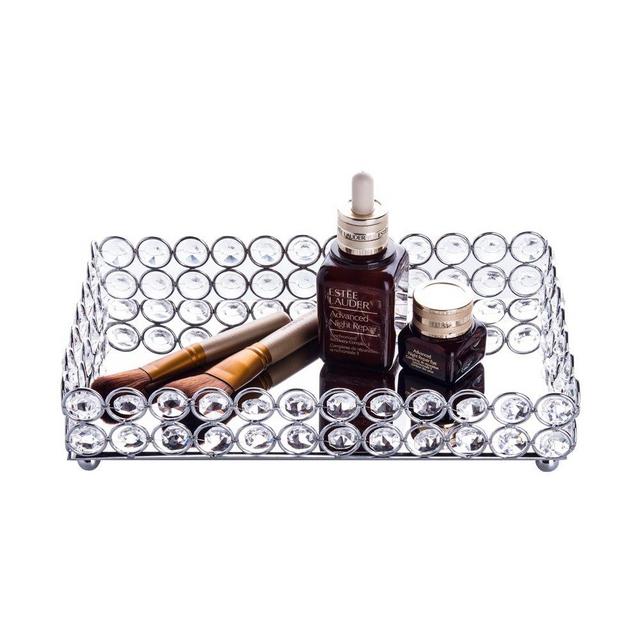 Feyarl Crystal Cosmetic Tray Rectangle Vanity Tray Makeup Jewelry Trinket Organizer Mirror Decorative Tray Perfume Skin Care Organizer Christmas Party Coffee Table(Silver)