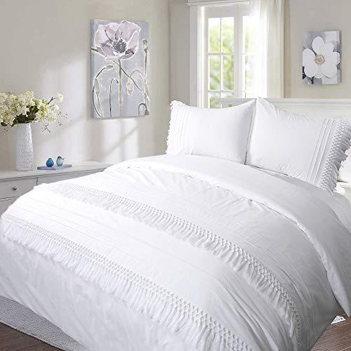 YINFUNG White Tassel Duvet Cover Set Boho King Textured Macrame Crochet 104x90 Fringe Elegant Crisp Quilt Cover 3PC Cotton 100% Bedding Set Country Pretty Cottage Trim Woven Zipper