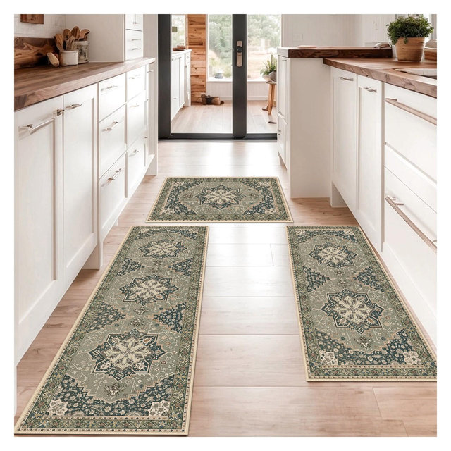 Kitchen Rugs 3 Piece Set,Non Slip Machine Washable Kitchen Mats,Boho Vintage Kitchen Carpet