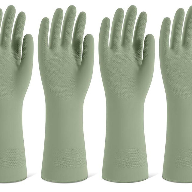 Rubber Cleaning Gloves for Dishwashing, 4 Pairs Reusable Kitchen Gloves for Washing Dishes and Household Cleaning, Green Dish Gloves with Flocked Lining and Non-Slip Grip, Pefect for Woman Men - L
