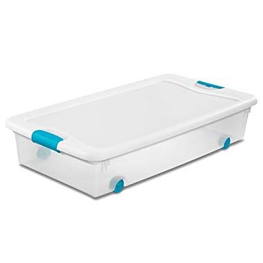 Sterilite 14988004 56 quart/53 L Wheeled Latching Box with Clear Base, White Lid and Colored Latches, 4-Pack