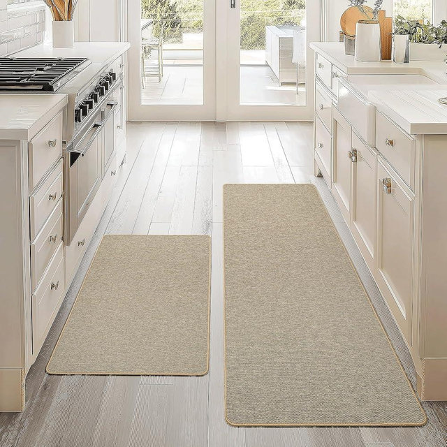 Tyrot Faux Linen Kitchen Rugs Set of 2 Washable Non Slip Kitchen Mats for Floor, Absorbent Rubber Backing Standing Mat, Kitchen Runner Rugs for Sink Laundry Room Bathroom (Brown, 17.3"x47"+17.3"x30")