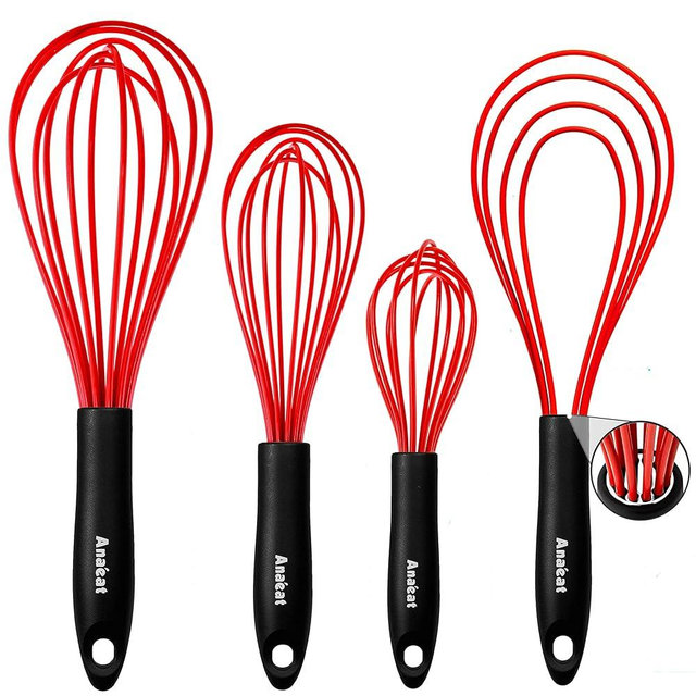 Anaeat Silicone Kitchen Whisk Set of 4, Perfect for Non-Stick Cookware, Milk and Egg Beater Blender for Whisking, Cooking, Baking, Beating - 11'' Flat Whisk and 8.5''+10.5''+12'' Balloon Whisks (Red)