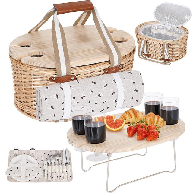 Zettfuly Picnic Basket Set for 4 - Wicker Insulated Picnic Basket with Waterproof Blanket, Folding Wine Picnic Table & Cutlery Kits, Picnic Baskets Kit for Camping, Outdoor, Valentine (Cherry)