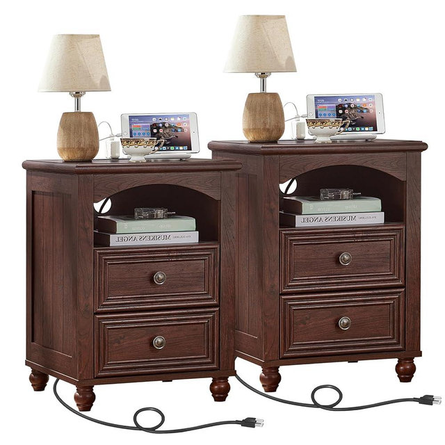 RWYHG 18" Farmhouse Night Stand Set of 2 with Charging Station, Walnut Wood Nightstand with 2 Drawers, Bedside End Table with Shelf Storage, Bed Side Tables for Bedroom, Living Room, and Closet