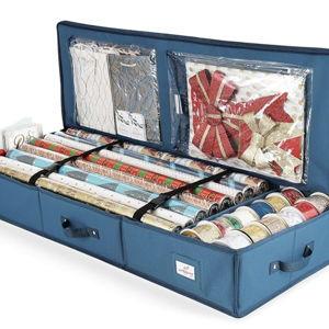 Hearth & Harbor Wrapping Paper Storage Container - Christmas Storage Bag with Interior Pockets - Gift Wrap Organizer Fits Up to 22 Rolls of 40" - Tear Proof, Blue