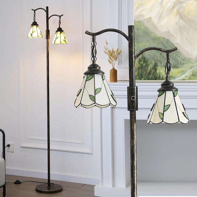 Asmymhd Vintage Dimmable Floor Lamp,2 Tiffany Lampshades Standing Lamp, Rustic Farmhouse Floor Lamp with Bronze Gold Finish, for Living Room Bedroom