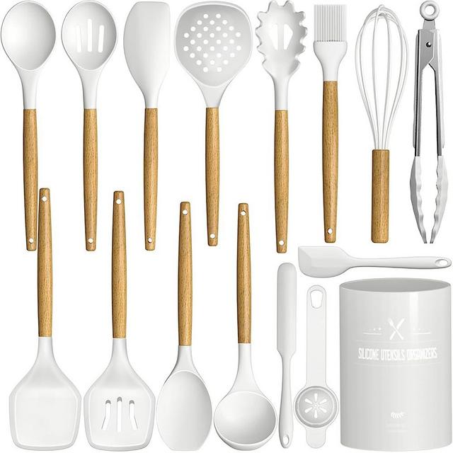 AIKKIL Silicone Cooking Kitchen Utensils Set, 16 Pcs Cooking Utensils Set with Holder, Heat Resistance, White Wooden Handle Silicone Kitchen Gadgets Utensil Set for Nonstick Cookware