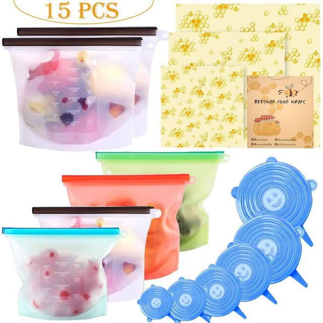 15 Pack Beeswax Wrap & Silicone Food Storage Bag & Silicone Stretch Lids, Eco-Friendly Reusable Food Wraps and Covers, Airtight Seal Food Preservation Bags for Vegetable, Fruit, Snack, Lunch.
