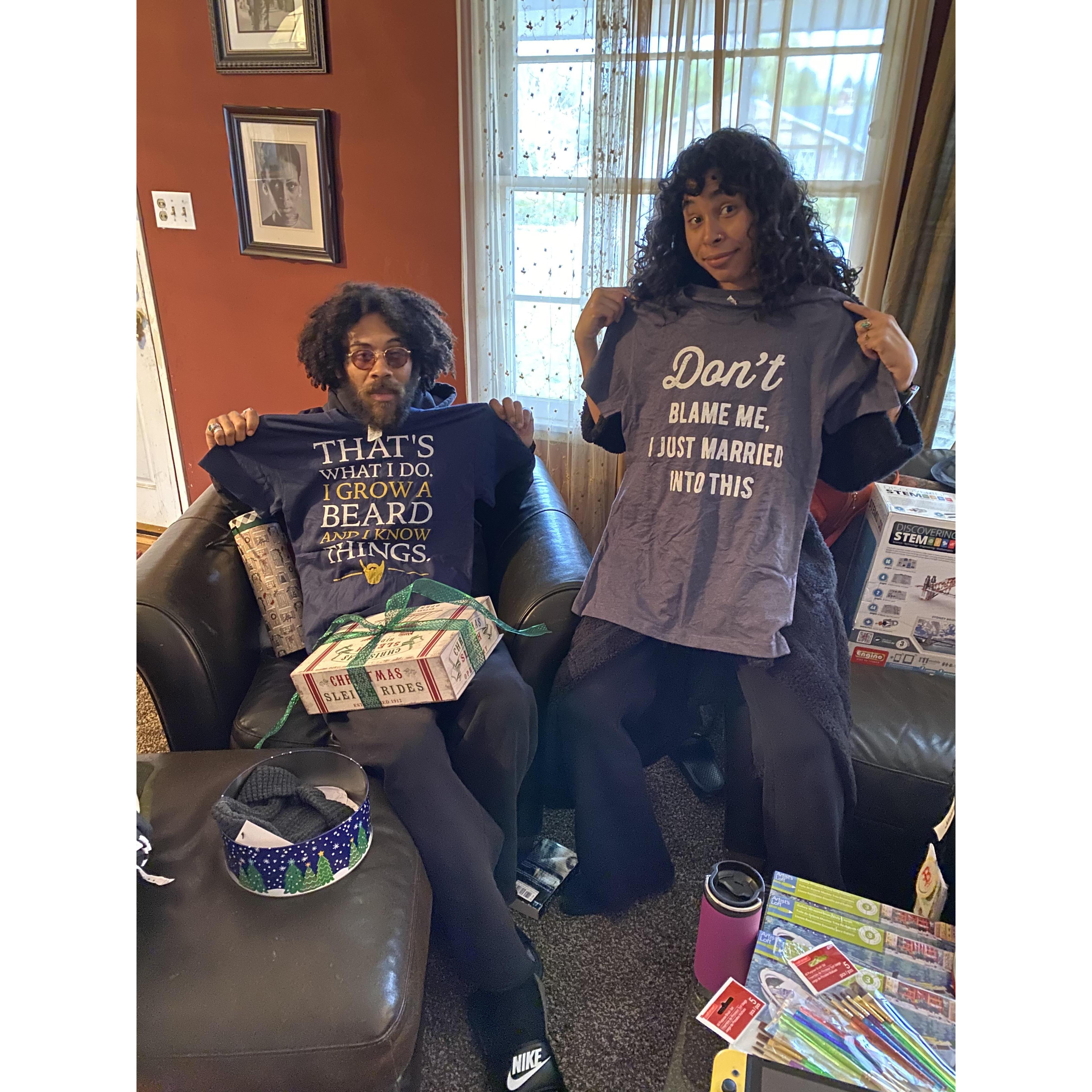Christmas 2019. 
Mel's T-shirt gifts were too good