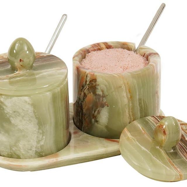 Marble Salt Cellar With Lid & Spoon Green 4" Inches Handmade Set Of 2 Salt & Sugar Container, Salt Box - Salt & Pepper Containers, Salt Cellar With Lid - Ideal Salt & Spice Container