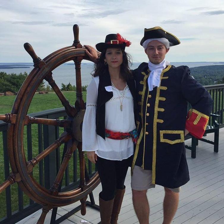 Before dating, while at a murder mystery party and dressed as a naval officer and pirate wench, Nick said the words “I love you” for the first time. It was an assigned line, but still unforgettable.