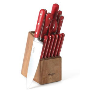 MARTHA STEWART Eastwalk 14 Piece High Carbon Staineless Steel Cutlery Knife Block Set w/ABS Triple Riveted Forged Handle Acacia Wood Block - Red