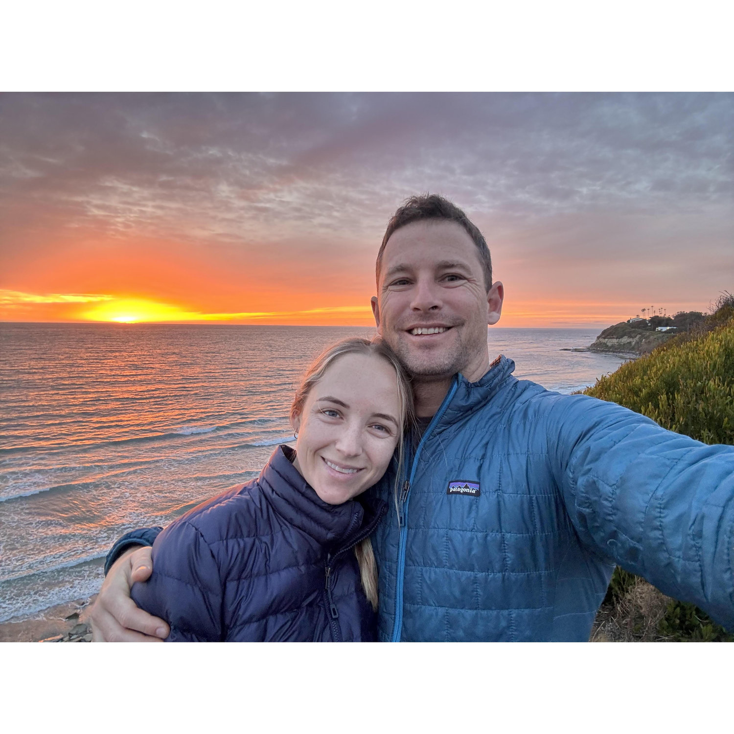 Walking along the coastal rail trail at sunset.