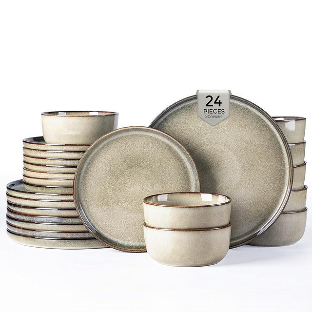 GBHOME Dinnerware Sets for 8, 24 Pieces Stoneware Plates and Bowls Sets, Scratch Resistant Dishes, Dishwasher & Microwave Safe, Reactive Glaze