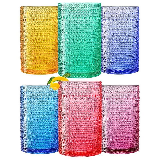 Classic Reusable Plastic Drinking Glasses, Hobnail Design, Shatterproof | 6 Set | Bright Tritan Highball, Acrylic Unbreakable Beaded Cups, Dishwasher Safe 13oz, Kitchen Cups, BPA-free, Indoor Outdoor