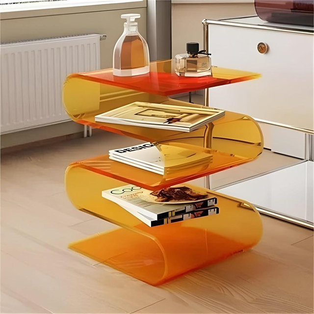 TPTBON S Shaped Acrylic Side Table, Sleek Nightstand, Acrylic Coffee Table, Clear Bedside Table, Magazine Bookshelf, End Table for Living Room, Bedroom, Study, Patio(Orange)