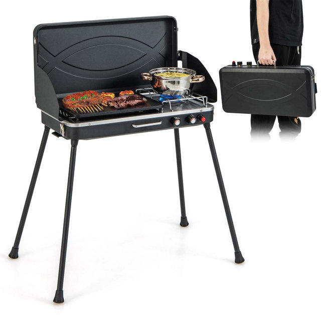 Costway 2-in-1 Propane Grill 2 Burner Camping Gas Stove Portable with Removable Leg Black