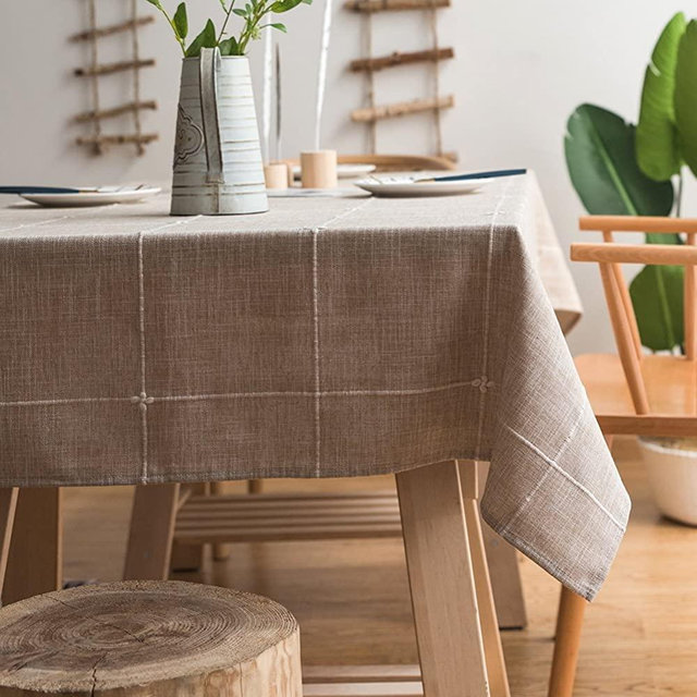 ColorBird Solid Embroidery Lattice Tablecloth Cotton Linen Dust-Proof Checkered Table Cover for Kitchen Dinning Tabletop Decoration (Rectangle/Oblong, 52 x 86 Inch, Linen)