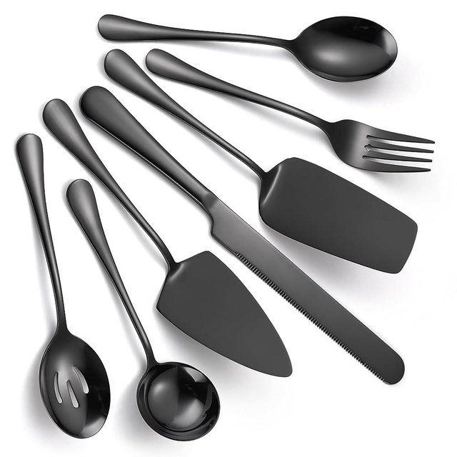 A · HOUSEWAR 7 Piece Black Flatware Serving Set Stainless Steel Utensils include Soup Spoon,Slotted Spoon,Dessert Server,Large Serving Fork, 12” Cake Knife,Large Serving Slotted Spoon,Pizza Spatula