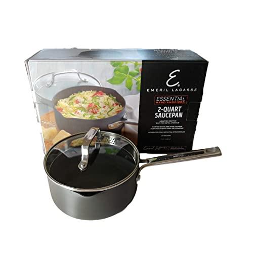 Emeril Lagasse Nonstick Hard Anodized Versatile 2 Quart Cooking Sauce Pan with Easy Pour Spout and Straining Lid, Gray