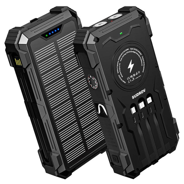 Sudrov Solar Charger Power Bank, 42800mAh Wireless Portable Charger with USB-C in/Output, QC3.0 Fast Charging 15W 4 Ports Outdoor Battery Pack Built-in Dual Led Flashlights for iPhone Samsung etc