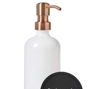 White Soap Dispenser with Antiqued Copper Metal Pump - 16oz Glass Bottle for Liquid Soap, Lotion or Shampoo by Industrial Rewind (White/Copper)