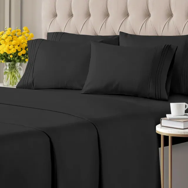 CGK Linens Ultra Soft Solid 6 Piece Sheet Set - Comfortable Bed Sheets & Extra Pillowcases in Black, Size Queen