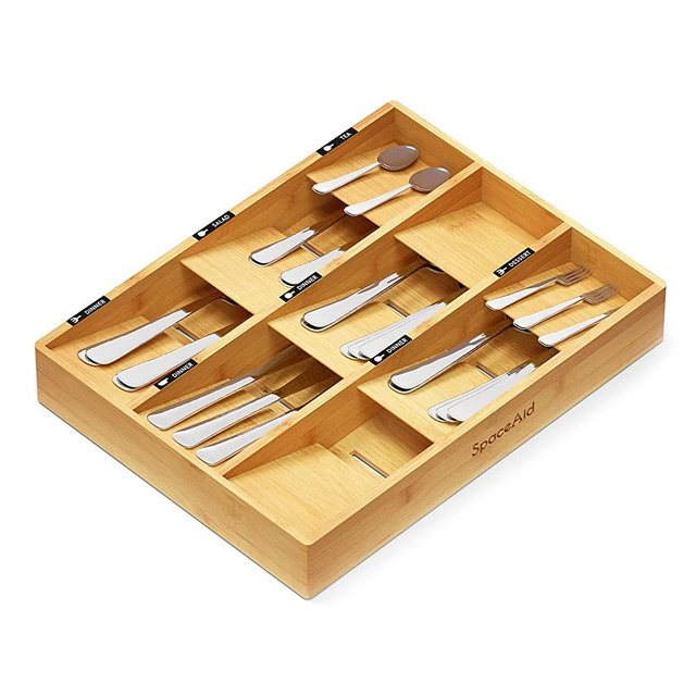 SpaceAid Bamboo Silverware Drawer Organizer with Labels, Kitchen Utensil Tray Holder Organizer for Flatware, Cutlery, Spoon and Knives Drawer Storage Organization (9 Slots)