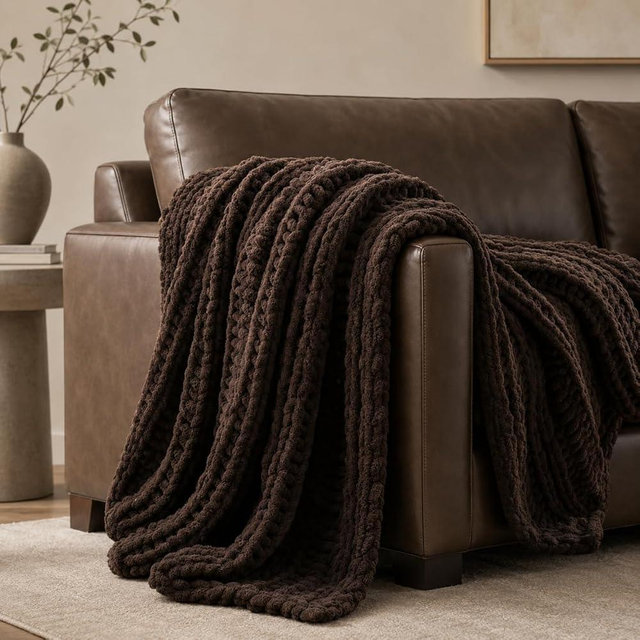 Battilo Chunky Knit Throw Blanket for Couch, 100% Hand Made Chenille Throw Blanket, Super Soft Warm Cozy Brown Blanket for Bed, Sofa, Living Room, 50"x60"