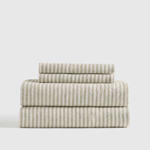 European Linen Sheet Set - Queen with Flat Sheet - Willowleaf/White Stripe