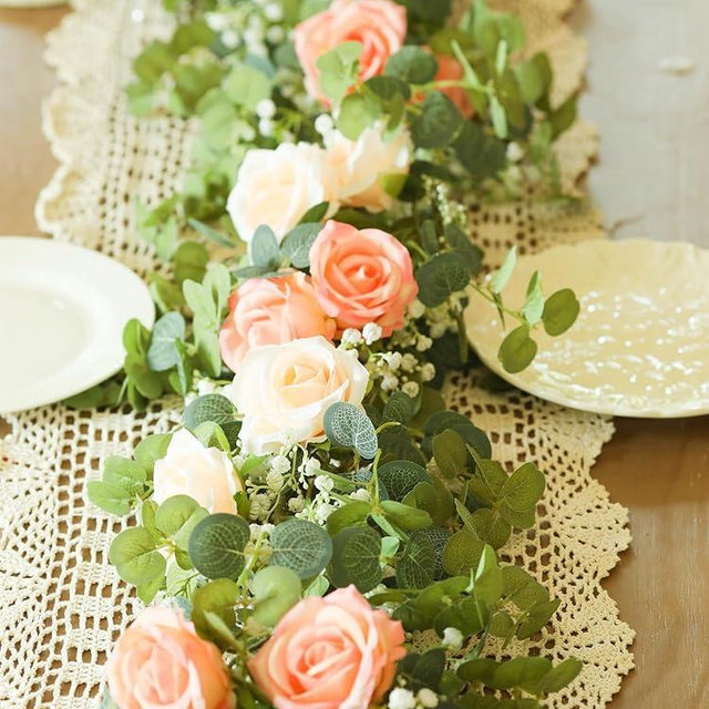 6FT Artificial Eucalyptus Garland with 10 Pink Roses and Baby Breath Flower Greenery Garland for Table Centerpiece Party Wedding Decor Indoor Outdoor Backdrop Wall Decorations