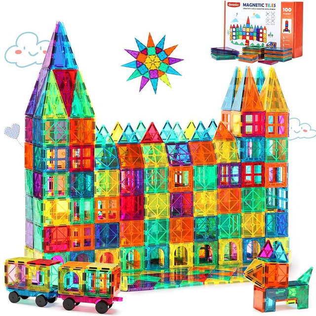 Magnetic Tiles Building Blocks for Kids, STEM Approved Educational Toys,3D Magnet Puzzles Stacking Blocks for Boys Girls,100 PCS Advanced Set with 2 Cars…