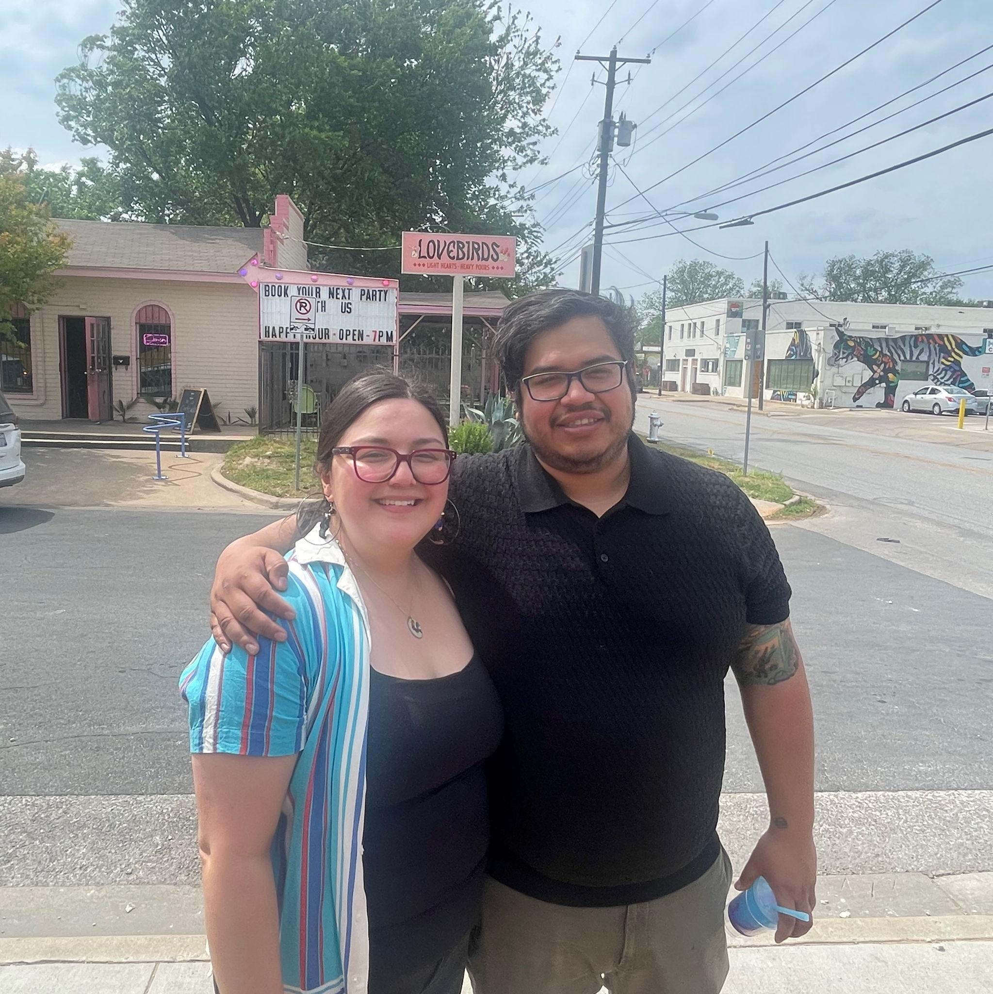 Lovebirds in Front of Lovebirds Bar in Austin TX, April 2025