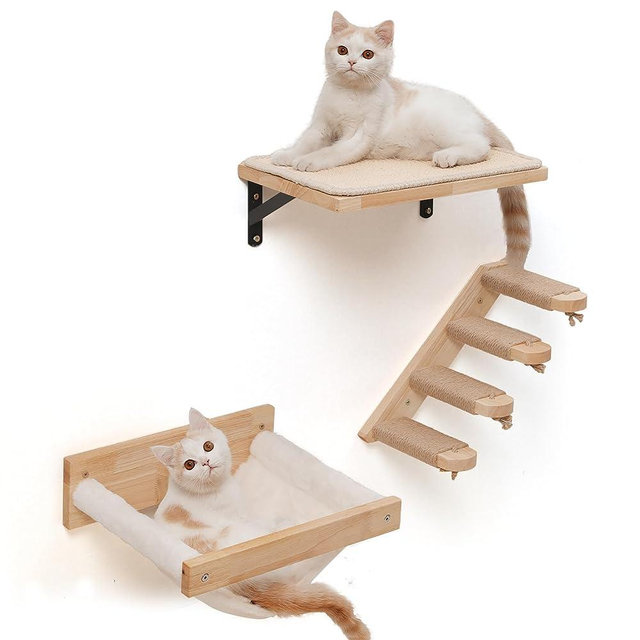 FUKUMARU Cat Wall Furniture, 3 Pack Cat Wall Shelves Set, Solid Rubber Wood Cat Shelf for Sleeping, Playing, Climbing and Lounging