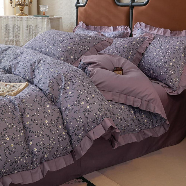 VM VOUGEMARKET White Daisy Flower Duvet Cover Set Queen 100% Cotton Purple Ruffle Comforter Cover 3 Pcs Romantic Princess Bedding Duvet Cover with Zipper Ties 2 Pillow Shams