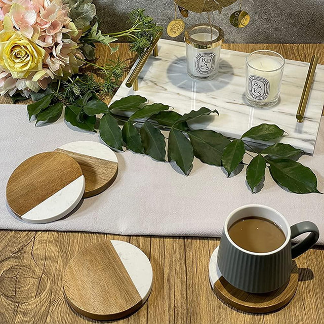 Marble Acacia Wood Drinks Coasters Set, Coasters for Wooden Table Round Coffee Table Modern Coasters Housewarming Gift Home Office 4 Pcs