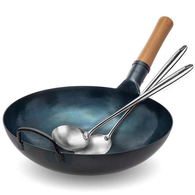 YOSUKATA Flat Bottom Wok Pan - 13.5" Blue Carbon Steel Wok Flat Bottom Wok Pan - 13.5" Blue Carbon Steel Wok
