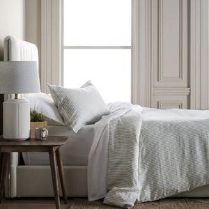 European Linen Stripe Duvet Cover Set - Mist/White Stripe, Full/Queen