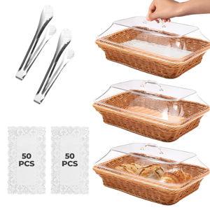 Rattan Bread Baskets, 3 Pack, rectangular Woven Baskets with Acrylic Lids, 13.8 x 9.8 inches, Stainless Steel Tongs, Lace Doilies, for Bread, Fruit, Food Display