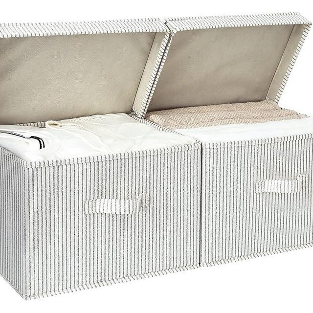 StorageWorks Decorative Storage Boxes, Storage Basket With Lid And Handles, Gray and White Stripes, Large, 2-Pack