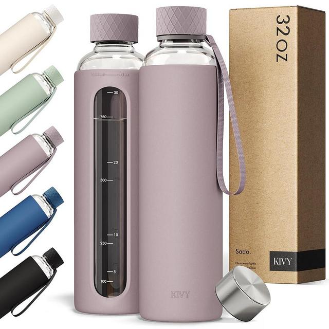 KIVY Glass Water Bottle with Silicone Sleeve 32 oz [WITH MEASUREMENT] - Borosilicate Glass Water Bottle Screw Top - Clear Bottles with Measurement Marking - Slim Waterbottle Aesthetic - Taupe