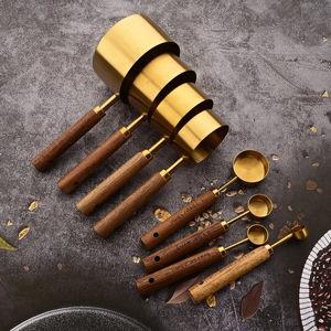 Wood and Steel Measuring Spoon Set - Gold