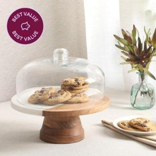 Gibson Elite Ridgehaven 10" Marble & Wood Cake Stand, Serving Platter, Charcuterie Board, and Center Piece Home Décor With Glass Lid